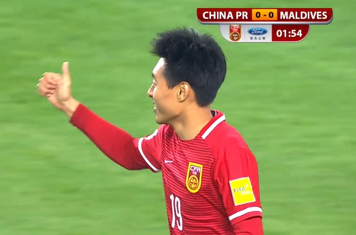 GIF:姜宁破门，中国1-0马尔代夫_虎扑中国足球新闻