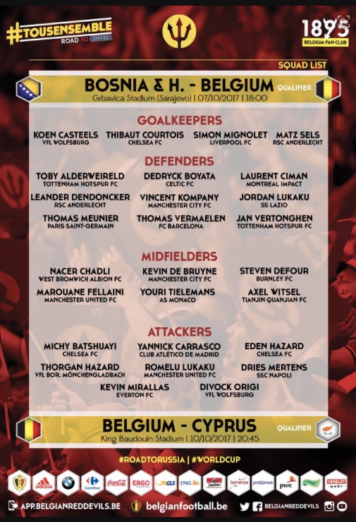 比利时大名单:卢卡库、德布劳内、阿扎尔领衔
