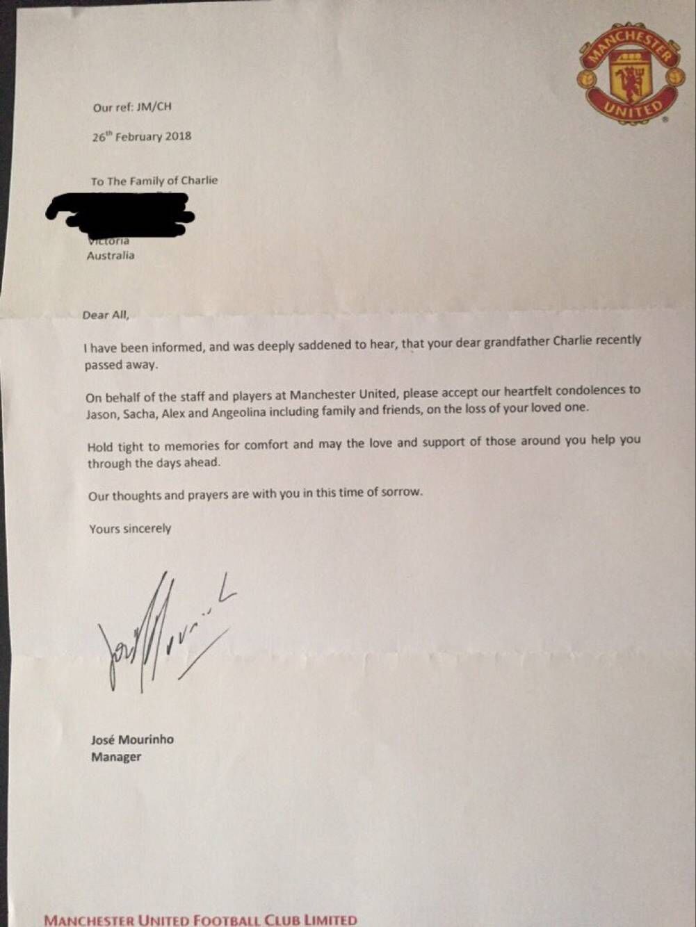 穆里尼奥致信慰问过世死忠红魔球迷家属