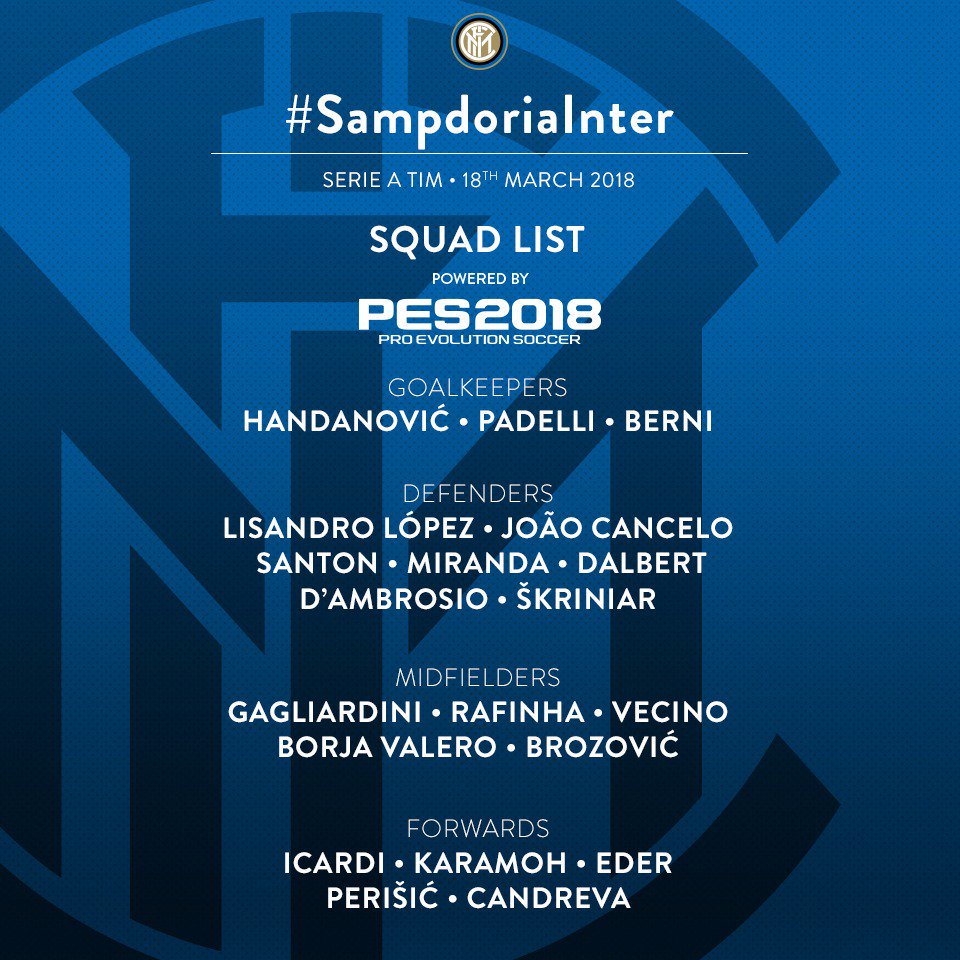 国米做客桑普大名单：拉诺基亚因伤缺阵