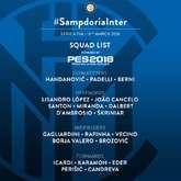 国米做客桑普大名单：拉诺基亚因伤缺阵