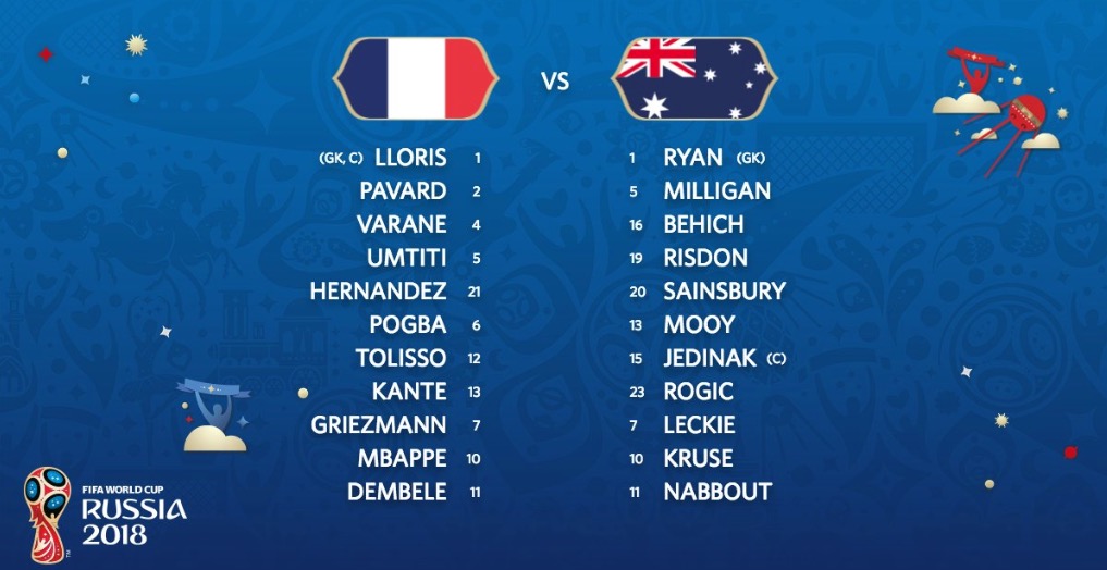 法国vs澳大利亚:登贝莱、姆巴佩、格列兹曼领