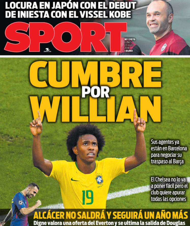 每体头版：威廉的经纪人已抵达巴塞罗那展开转会谈判