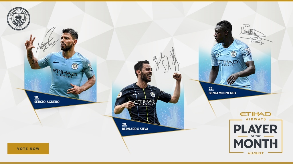 曼城8月队内最佳球员候选：阿圭罗、门迪、B席