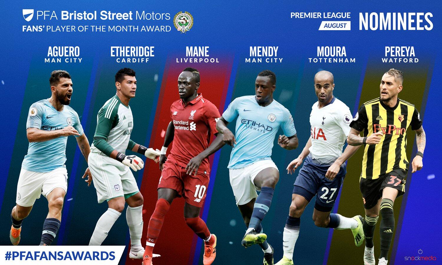PFA八月最佳球员候选名单：曼城两将，马内小卢卡斯在列