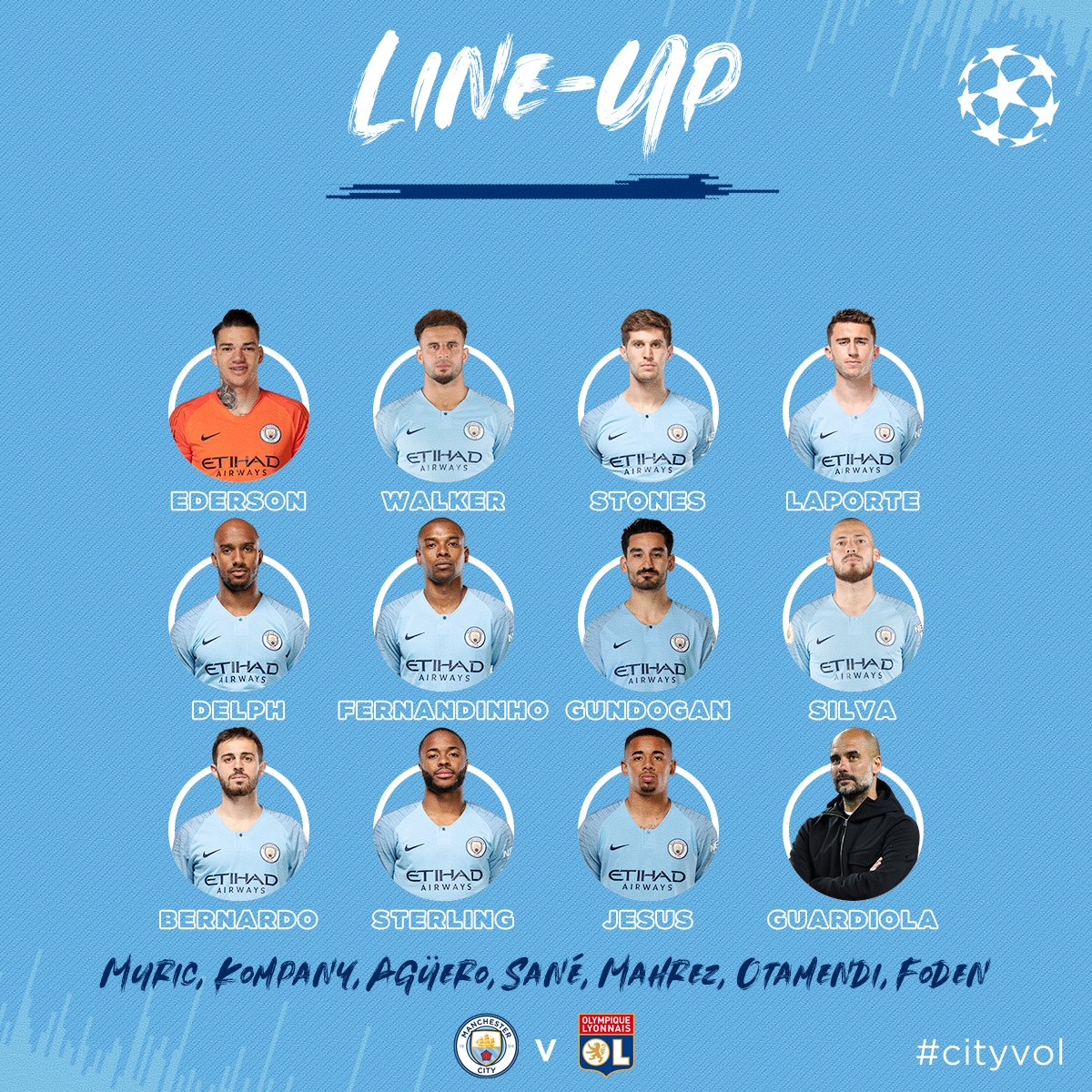 曼城vs里昂首发：阿圭罗替补，斯特林PK孟菲斯
