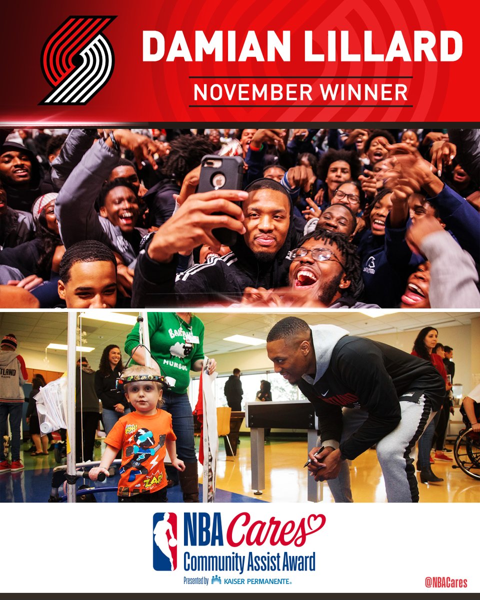 官方：利拉德荣获11月份NBA社区关怀援助奖