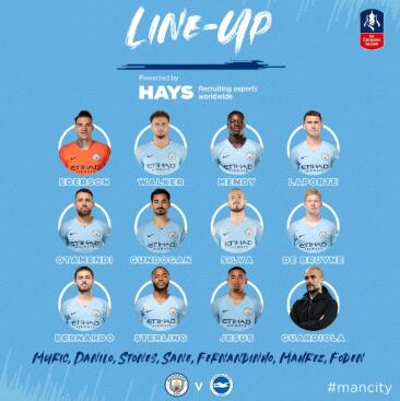 曼城vs布莱顿：门迪首发，阿圭罗未进大名单