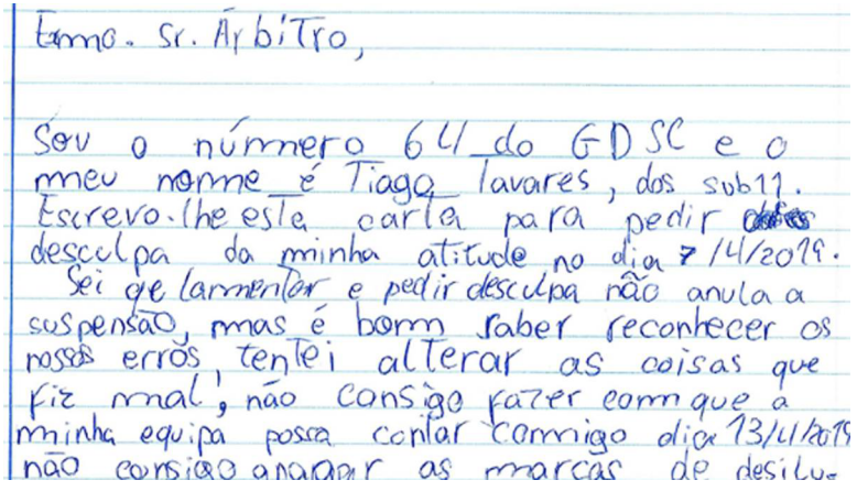 我知道错了,葡萄牙小球员被红牌罚下后给裁判手写道歉信