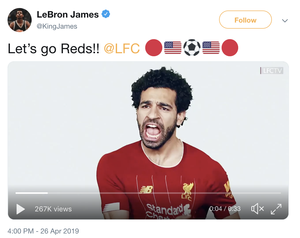 小股东詹姆斯推特助力利物浦：加油啊红军！