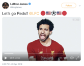 小股东詹姆斯推特助力利物浦：加油啊红军！