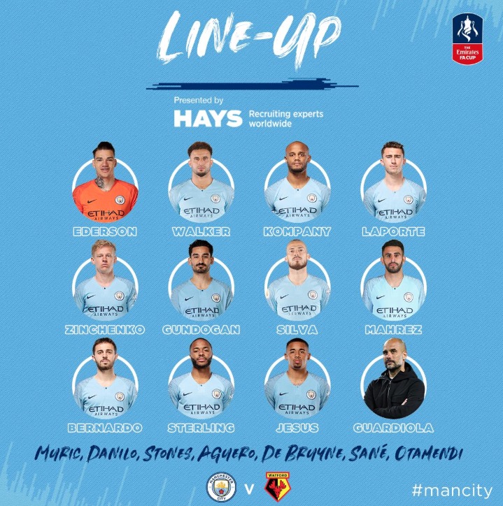 曼城vs沃特福德：阿圭罗替补，热苏斯首发