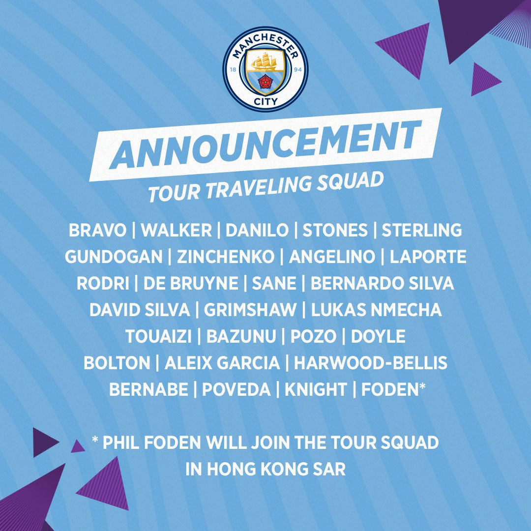 曼城公布季前赛中国行名单：阿圭罗缺席，新援罗德里在列