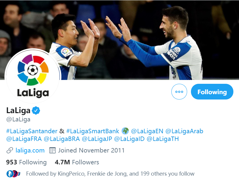 倍儿有面！武磊进球后的庆祝照成LaLiga官方推特背景图