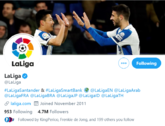 倍儿有面！武磊进球后的庆祝照成LaLiga官方推特背景图