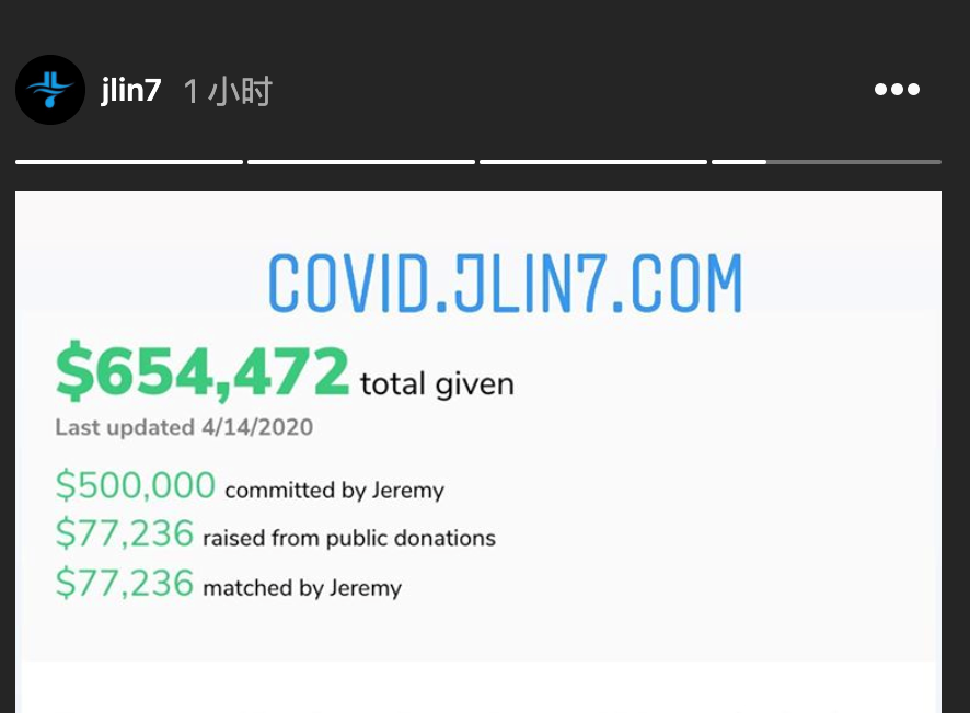 林书豪Ins：外界捐款7.7万美元已匹配，累计超65万美元