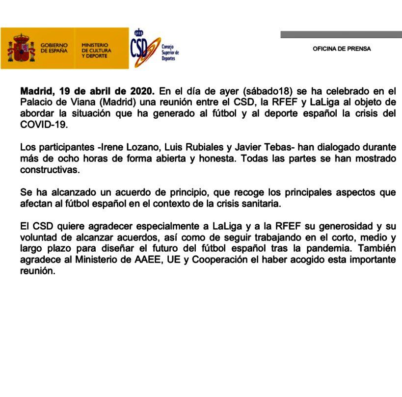 官方：经西班牙政府调停，足协与Laliga暂时搁置分歧