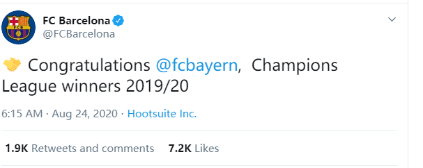 祝贺对手！巴萨官方祝贺拜仁成为2019/20赛季欧冠冠军得主