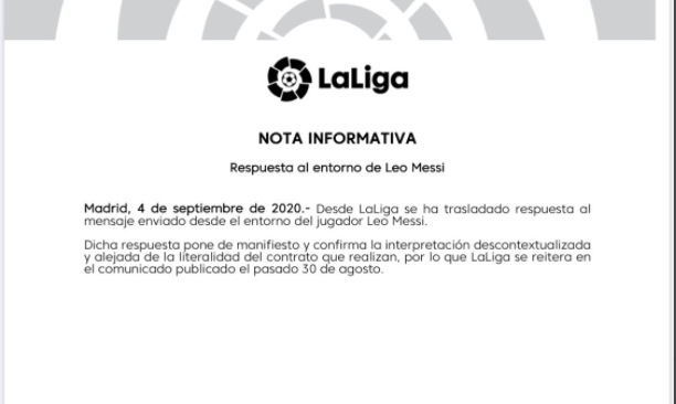 Laliga回应梅西团队：对合同的解读失实而且无效