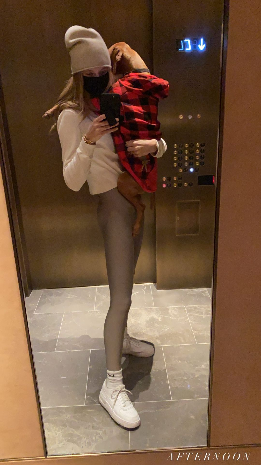 腿长一米八！乐福女友晒在电梯里抱着狗狗的自拍